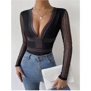 Sexy Bodysuit - Contrast Lace Plunging Neck Cutout Bodysuit Bodysuit